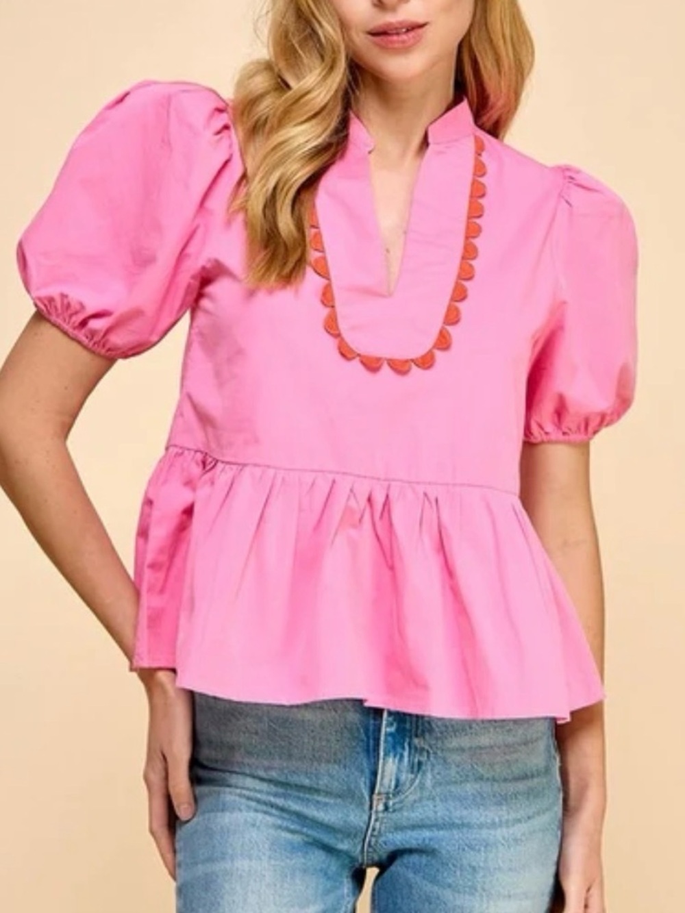 TCEC Scalloped Puff Sleeve Hot Pink‎ Peplum Top Large